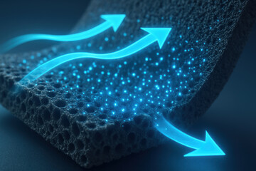 Industrial smart air filtration system showcasing porous foam panel with glowing airflow arrows and particle movement creating clean ventilation effect