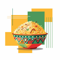 A vibrant illustration of a colorful bowl filled with aromatic biryani rice, set against abstract geometric shapes in yellow and green.