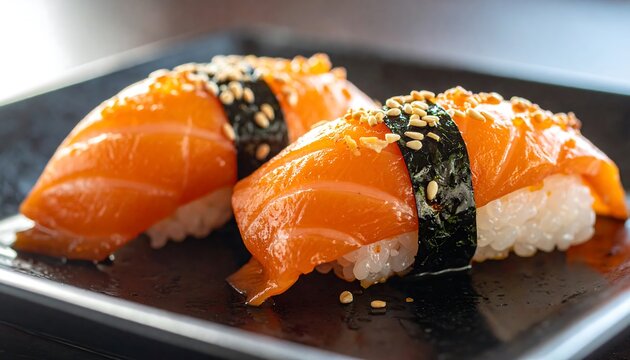 Two pieces of salmon nigiri sushi on a dark plate
