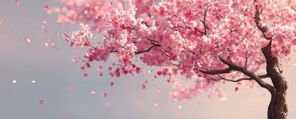 Beautiful pink cherry blossom tree in full bloom during springtime with falling petals
