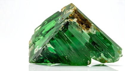 Close-up of a striking, angular green mineral crystal, on white background