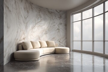 Elegant curved sofa against marble wall and large windows.