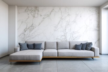 Modern sectional sofa with dark pillows in a room with marble wall.