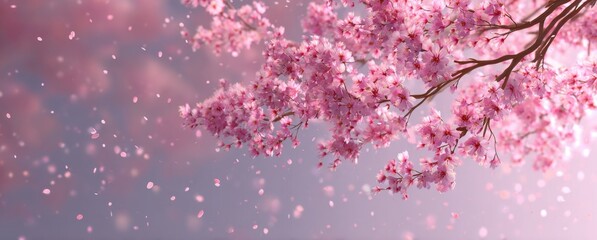 Fototapeta premium Beautiful pink cherry blossom tree with falling petals and soft