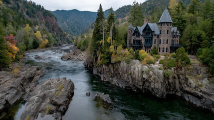 Fototapeta premium Beautiful private mansion in the middle of forest and river passing in front.