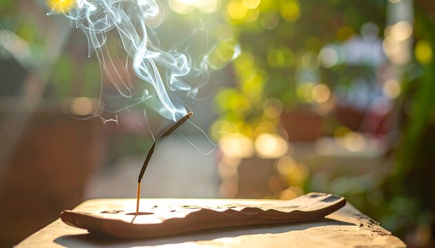 Incense stick emitting wisps of smoke in sunlight