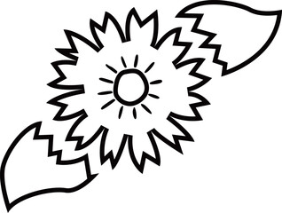 満開の花と葉のアウトライン白黒線画イラスト