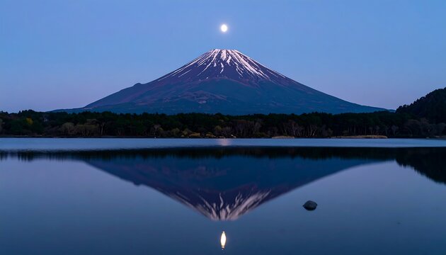 Majestic mountain peak at dusk reflected in tranquil lake water