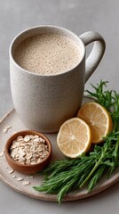 Healthy Breakfast Oats Drink With Lemon Slices and Green Herbs on a Textured Plate With Neutral Background and Natural Lighting