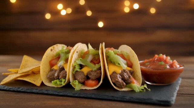 Three Beef Tacos Filled with Cheese and Vegetables on Dark Slate