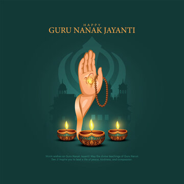guru nanak jayanti with hand blessings vctor with diyas and golden temple.