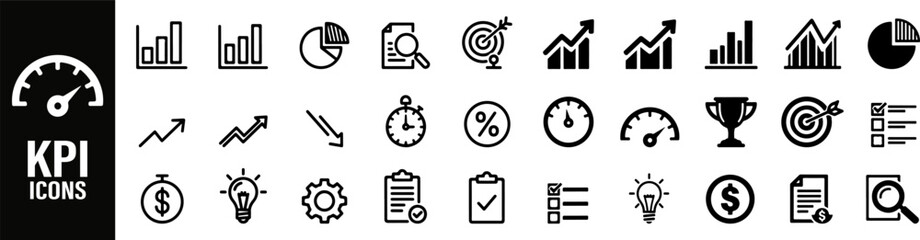 KPI line icons set.  KPI line bold black icons set featuring key performance indicator symbols for business analytics, growth, and success tracking. Perfect for dashboards, presentations, and reports.