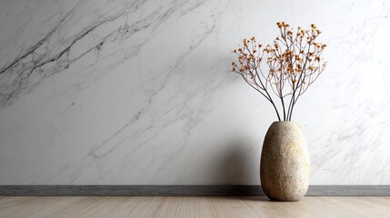 A textured vase holds dried flowers against a marbled wall.