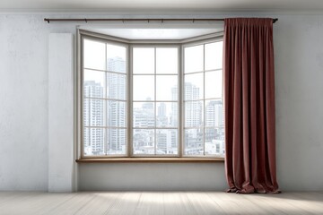 Large bay window with city view and elegant curtain inside a modern room.