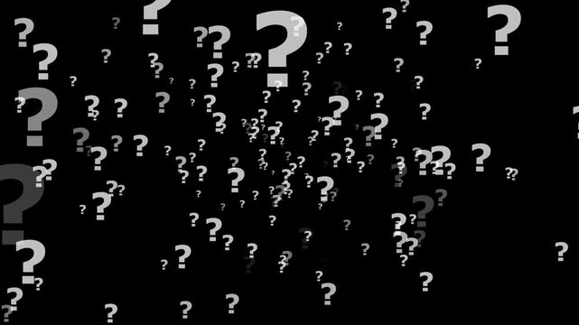 Numerous question marks of varying sizes and shades of gray scattered on a black background symbol punctuation