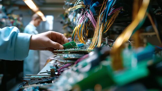 Headless shot of sorter's torso beside focused accumulation of circuit boards and messy cable assemblies, with copy space