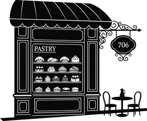 Charming parisian bakery facade with outdoor seating