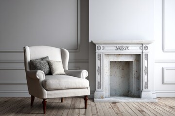 Elegant wingback chair placed beside a decorative marble fireplace.