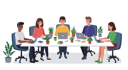 “Collaborative Office Illustration – Team of Professionals Working with Laptops, Headphones & Plants Around a White Table for Remote Work, Startups & Team Branding”