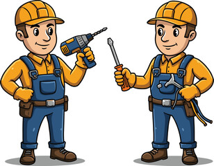 Cartoon construction workers with drill, screwdriver, and wrench, teamwork in repair, building tools, occupational characters, maintenance, carpentry, safety illustration