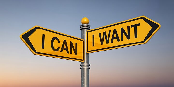 Yellow Directional Signs " ICAN" and " IWANT" Mounted on a Metal Pole Against Sky Modern Digital Business Concept
