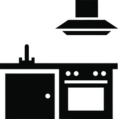 Simple black and white icon of a kitchen counter with stove and hood