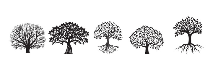Naklejka premium “Black & White Tree Icon Set – 5 Stylized Trees with Bare Branches, Roots & Leafy Canopies on White Background for Botanical, Eco & Educational Design”