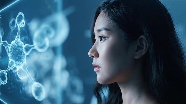 Woman Observing Digital Molecule Animation in Blue Tones Young Woman in Profile Studying Animated Molecular Structures on a Futuristic Screen for Science Health and Cosmetics Promotions