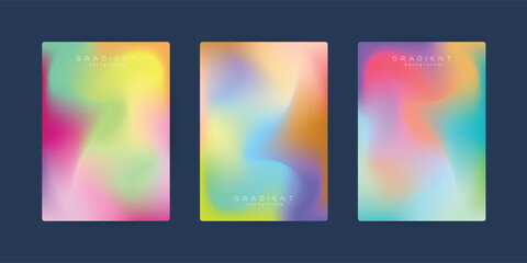 “Gradient Background Trio – 3 Vertical Abstract Panels with Vibrant Color Transitions and ‘GRADIENT background’ Text on Dark Blue Canvas for Branding, UI & Presentation Design”