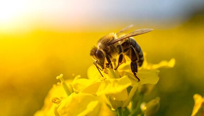 Close-up of a bee gathering nectar from a vibrant yellow flower