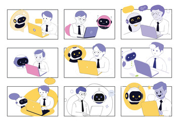 “AI Assistant Interaction Grid – 9 Cartoon Panels of Human-Robot Collaboration in Business Contexts with Laptops and Expressive Chatbots for Tech, Customer Service & UX Design”