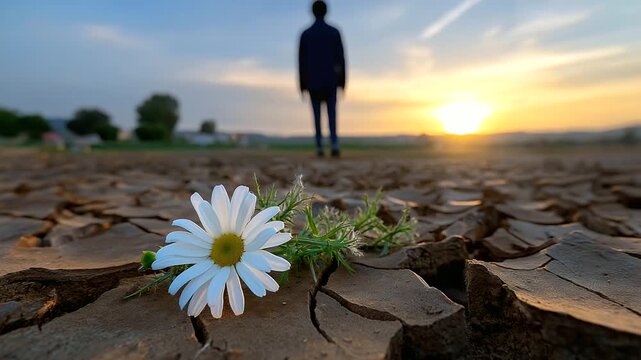 Silhouetted observer against sunset with sharp white daisy breaking through severely cracked soil in foreground, with copy space