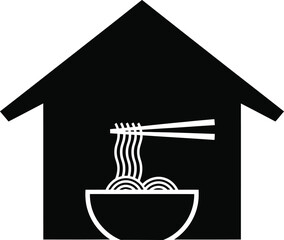 Simple black silhouette of a house with noodles and chopsticks