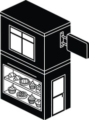 Isometric black and white illustration of a two story bakery shop