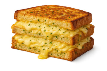 Grilled cheese sandwich dripping melted cheddar and mozzarella, toast with garlic and parsley on transparent background