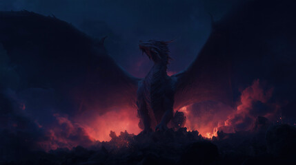 Dramatic Illustration of a Majestic Dragon Emerging from Chaos in Dark Landscape