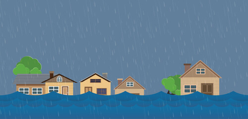 Flood natural disaster with house, heavy rain and storm , damage with home, clouds and rain