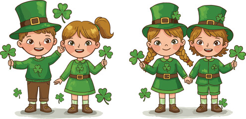 Cartoon children celebrating St. Patrick’s Day, wearing green outfits with shamrocks, festive holiday scene, cheerful vector illustration, lucky theme