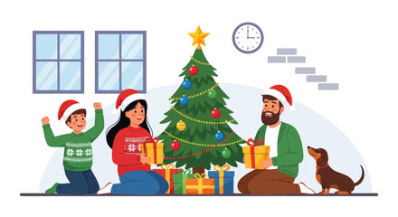 Fototapeta premium Happy family celebrating Christmas at home, exchanging gifts near decorated Christmas tree. Parents and child wearing Santa hats enjoying holiday moment together with cute dog. Flat vector illustratio