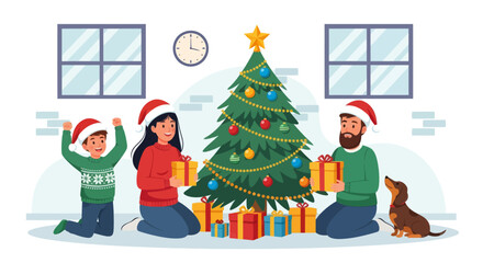Happy family celebrating Christmas at home, exchanging gifts near decorated Christmas tree. Parents and child wearing Santa hats enjoying holiday moment together with cute dog. Flat vector illustratio