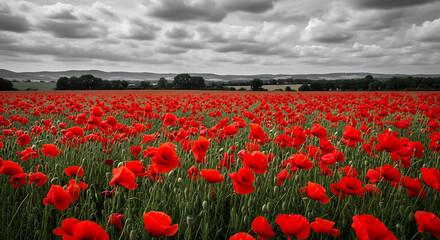 Red Poppies Field Background for World War Remembrance and Armistice Day,