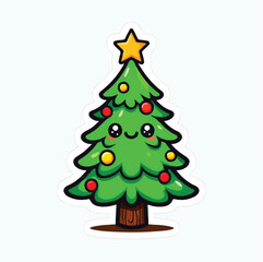 Cute Cartoon Christmas Tree with Smiling Face and Star – Festive Holiday Sticker Illustration