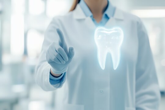 Medical professional wearing gloves and lab coat touching a futuristic hologram of a healthy tooth, representing dental care technology