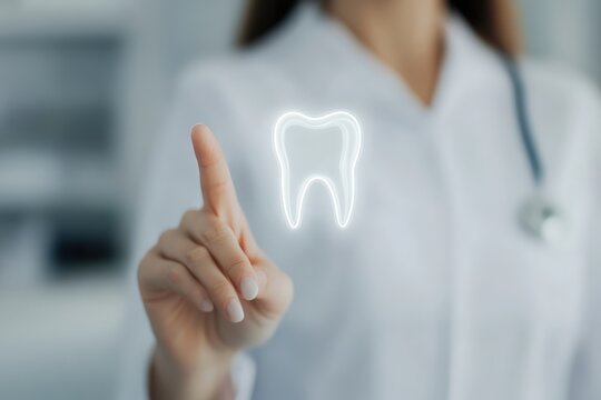 Dentist hand touching a glowing holographic tooth icon, representing modern dental technology and future healthcare