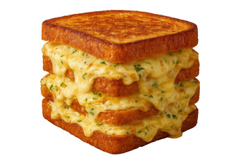 Grilled cheese sandwich melting with multiple layers of cheddar and herbs, comfort food on transparent background