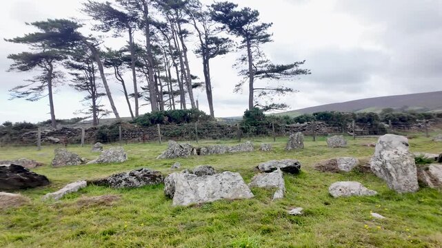 Cashtal yn Ard, an ancient Neolithic chambered tomb, standing among green grass on the Isle of Man