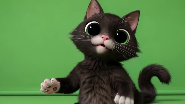 Three-Dimensional Animated Character of an Adorable Black Stylized Feline in a Concentrated and Stationary Pose Against a Green Screen Background  Ideal for Visual Effects and Chroma Key Compositing
