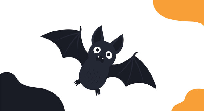 A charming cartoon bat with big eyes and fangs, wings spread, flying cheerfully against a white background with abstract black and orange Halloween-themed shapes.