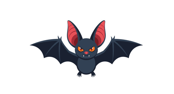 A menacing cartoon bat with large red ears and spread wings, featuring bright orange eyes and visible fangs, is depicted in a spooky Halloween illustration.