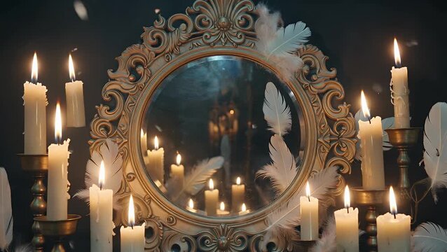 Reflective Surface is Encircled by Illuminated Tapered Lights and Plumage from Birds the Flames are Burning and the Feathers are Distributed Around the Glass Creating an Ambiance of